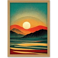 Artery8 Retro California Sunset Colour Blocking Mid Century Boho Print Artwork Framed Wall Art Print A4 in Light Oak