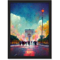 Artery8 Colourful Champs-Elysees & Arc De Triomphe Modern Artwork Framed Wall Art Print A4 in Black
