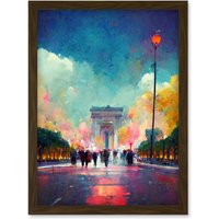 Artery8 Colourful Champs-Elysees & Arc De Triomphe Modern Artwork Framed Wall Art Print A4 in Brown