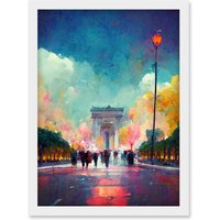 Artery8 Colourful Champs-Elysees & Arc De Triomphe Modern Artwork Framed Wall Art Print A4 in White