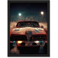 Artery8 Classic Sports Car Muscle Cinematic Night Atmospheric Race In Fog Artwork Framed Wall Art Print A4 in Black
