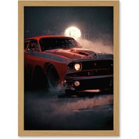 Artery8 Classic Red Sports Muscle Car On A Rainy Atmospheric Night Artwork Framed Wall Art Print A4 in Light Oak