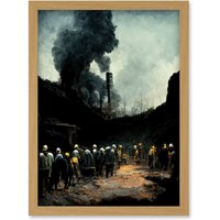 Artery8 Coal Miners Yorkshire Pithead Colliery Artwork Framed Wall Art Print A4 in Light Oak