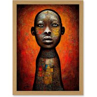 Artery8 Modern African Oil Ceremonial Statue Artwork Framed Wall Art Print A4 in Light Oak