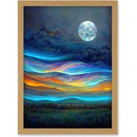 Artery8 Full Moon Aurora Sky Modern Landscape Artwork Framed Wall Art Print A4 in Light Oak