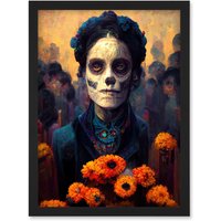 Artery8 Day Of Dead Skull Marigold Flowers Artwork Framed Wall Art Print A4 in Black