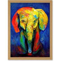 Artery8 Surreal Baby Elephant Colourful Abstract Bright Artwork Framed Wall Art Print A4 in Light Oak