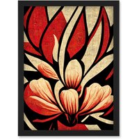 Artery8 Abstract Flowers Design Cream Red Black Vivid Bold Artwork Framed Wall Art Print A4