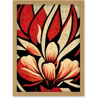 Artery8 Abstract Flowers Design Cream Red Black Vivid Bold Artwork Framed Wall Art Print A4 in Light Oak