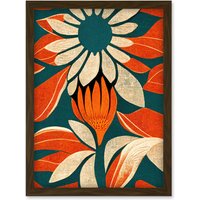 Artery8 Flower Design Teal Orange Abstract Linocut Artwork Framed Wall Art Print A4 in Brown