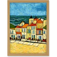 Artery8 Spain Costa Brava Seaside Van Gogh Style Modern Artwork Framed Wall Art Print A4 in Light Oak
