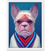 Artery8 French Bulldog In A Colourful Sweater Hockneyesque Artwork Framed Wall Art Print A4 in White