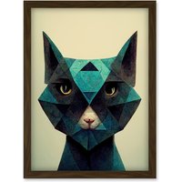 Artery8 Fun Geometric Teal Cat Artwork Framed Wall Art Print A4 in Brown