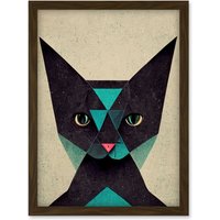 Artery8 Geometric Black Cat Teal Fun Quirky Artwork Framed Wall Art Print A4 in Brown