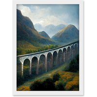 Artery8 Glenfinnan Viaduct Scotland Train Journey Artwork Framed Wall Art Print A4 in White