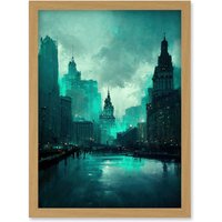 Artery8 Winter Teal New York Hudson River Cityscape Artwork Framed Wall Art Print A4 in Light Oak