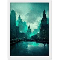 Artery8 Winter Teal New York Hudson River Cityscape Artwork Framed Wall Art Print A4 in White