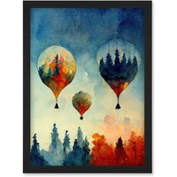 Artery8 Forest Reflections On Hot Air Balloons Watercolour Artwork Framed Wall Art Print A4 in Black