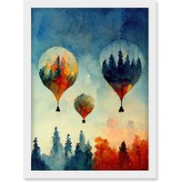 Artery8 Forest Reflections On Hot Air Balloons Watercolour Artwork Framed Wall Art Print A4 in White