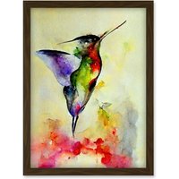 Artery8 Elegant Hummingbird Abstract Watercolour Artwork Framed Wall Art Print A4 in Brown