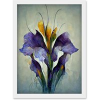 Artery8 Iris Bouquet Modern Watercolour Artwork Framed Wall Art Print A4 in White