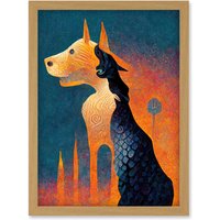 Artery8 Abstract Dog Monument Statue Illustration Teal Orange Artwork Framed Wall Art Print A4 in Light Oak