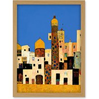 Artery8 Klimt Style Moroccan Cityscape Blue Gold Artwork Framed Wall Art Print A4 in Light Oak