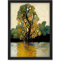 Artery8 Klimt Style Tree River Bank Scene Artwork Framed Wall Art Print A4 in Black