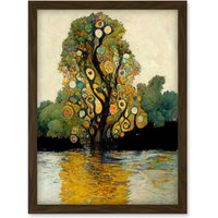 Artery8 Klimt Style Tree River Bank Scene Artwork Framed Wall Art Print A4 in Brown
