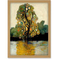 Artery8 Klimt Style Tree River Bank Scene Artwork Framed Wall Art Print A4 in Light Oak