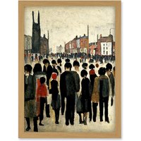 Artery8 1940 Mid Century Industrial Northern Crowds In Street Cityscape Artwork Framed Wall Art Print A4 in Light Oak