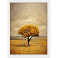 Artery8 Lone Tree Autumn Landscape Gold Yellow Mustard Artwork Framed Wall Art Print A4 in White