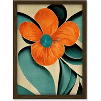 Artery8 Bold Art Deco Flowers Teal Orange Cream Poppy Artwork Framed Wall Art Print A4 in Brown