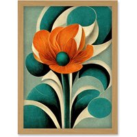 Artery8 Art Deco Poppy Flower Teal Orange Cream Artwork Framed Wall Art Print A4 in Light Oak