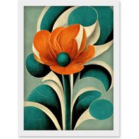 Artery8 Art Deco Poppy Flower Teal Orange Cream Artwork Framed Wall Art Print A4 in White