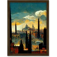 Artery8 Industrial Cityscape Sunset Artwork Framed Wall Art Print A4 in Brown