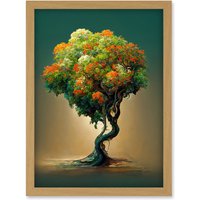 Artery8 Ethereal Bonsai Lone Tree Green Orange Artwork Framed Wall Art Print A4 in Light Oak