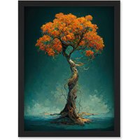 Artery8 Elegant Ancient Lone Autumn Fall Tree On Teal Artwork Framed Wall Art Print A4 in Black