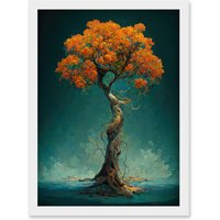 Artery8 Elegant Ancient Lone Autumn Fall Tree On Teal Artwork Framed Wall Art Print A4 in White