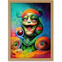 Artery8 Psychedelic Stoned Clown Trippy Colourful Artwork Framed Wall Art Print A4 in Light Oak