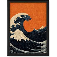 Artery8 Minimalist Orange Sunset Sky Modern Style Of Great Wave Off-Kanagawa Artwork Framed Wall Art Print A4 in Black