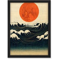 Artery8 Minimalist Large Orange Moon Over Ocean Waves Ukiyo-e Style Artwork Framed Wall Art Print A4 in Black