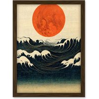 Artery8 Minimalist Large Orange Moon Over Ocean Waves Ukiyo-e Style Artwork Framed Wall Art Print A4 in Brown