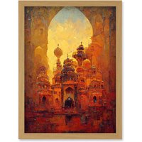 Artery8 Visions Of Petra Arabic Cityscape Oil Artwork Framed Wall Art Print A4 in Light Oak