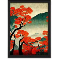 Artery8 Modern Japan Red Maple Trees On Hillside Artwork Framed Wall Art Print A4 in Black