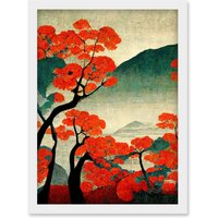 Artery8 Modern Japan Red Maple Trees On Hillside Artwork Framed Wall Art Print A4 in White