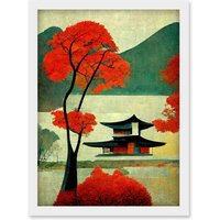 Artery8 Modern Japan Red Maple Tree Artwork Framed Wall Art Print A4 in White