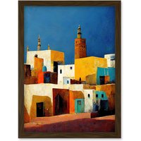Artery8 Morocco Skyline Cityscape Modern Artwork Framed Wall Art Print A4 in Brown
