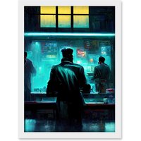 Artery8 Nighthawks Style Futuristic Cyber Noir Bar Artwork Framed Wall Art Print A4 in White