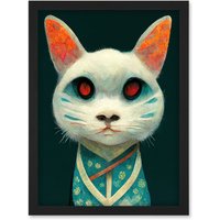 Artery8 Nihonga Kimono Cat Japan Illustration Artwork Framed Wall Art Print A4 in Black